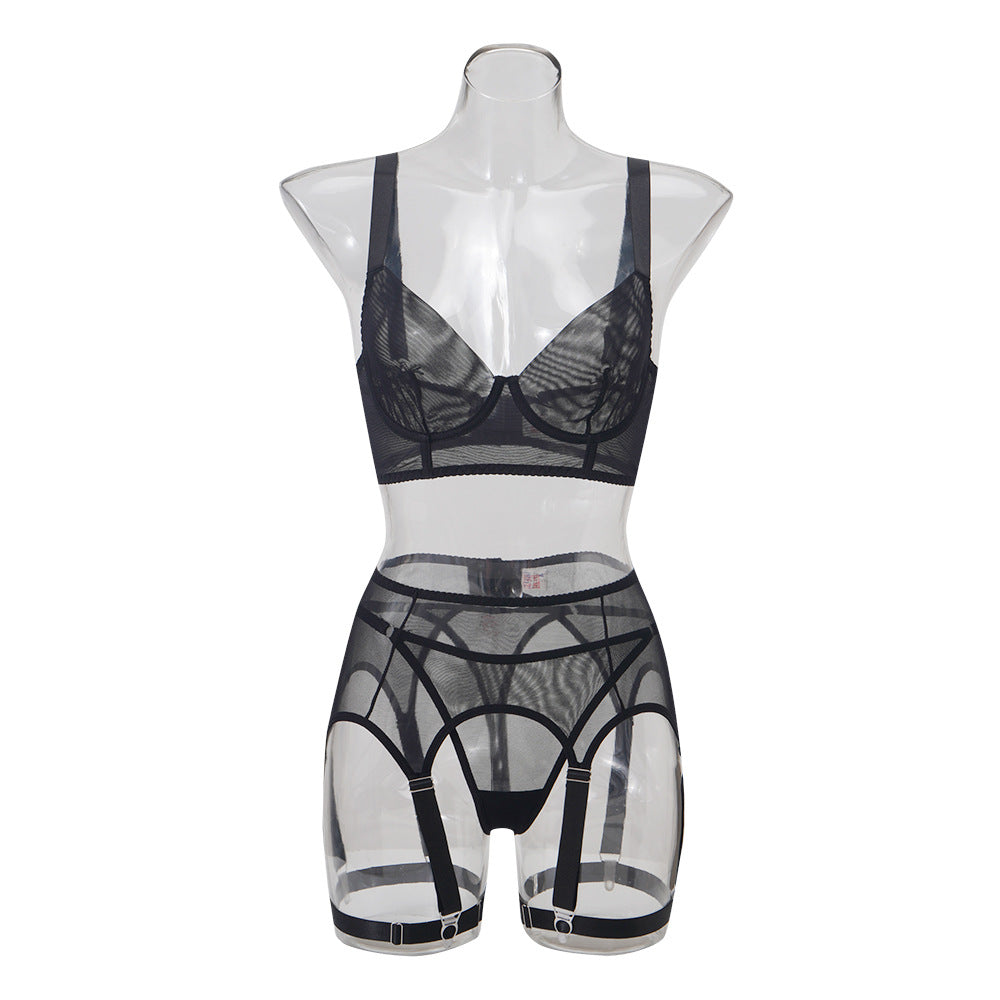 Breathable mesh see through sexy lingerie split set for women