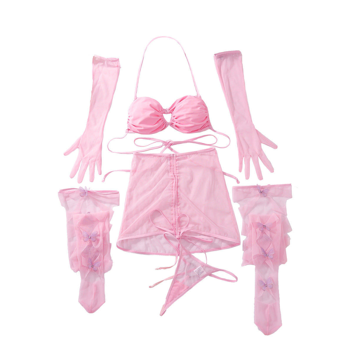 Hollow mesh seduction set sexy pink elegant neck hanging underwear five piece set