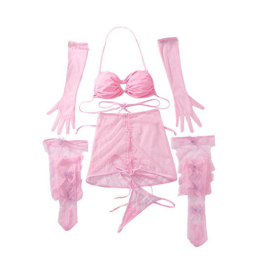 Hollow mesh seduction set sexy pink elegant neck hanging underwear five piece set