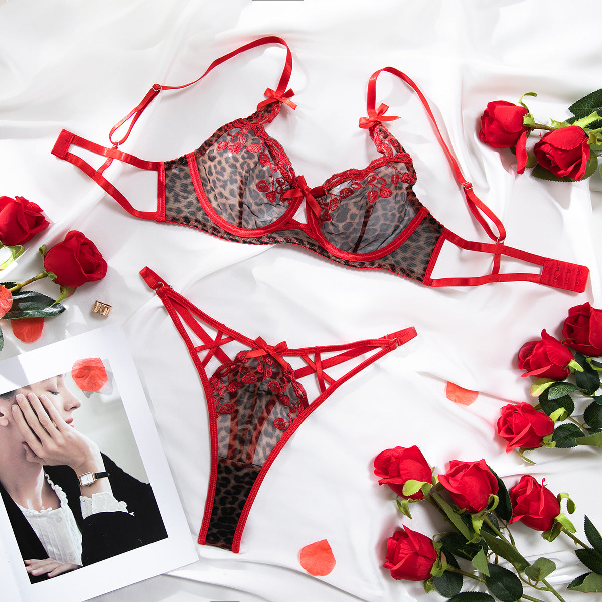Sexy Leopard Print Red Embroidered Cherry Thin Push-Up Bow Bra Women's Two-Piece Set