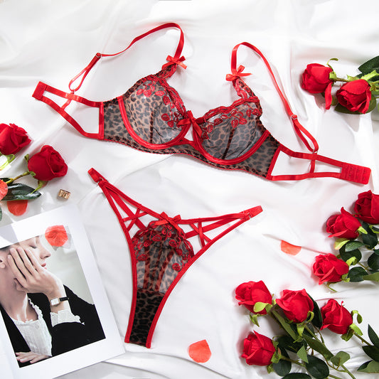Sexy Leopard Print Red Embroidered Cherry Thin Push-Up Bow Bra Women's Two-Piece Set
