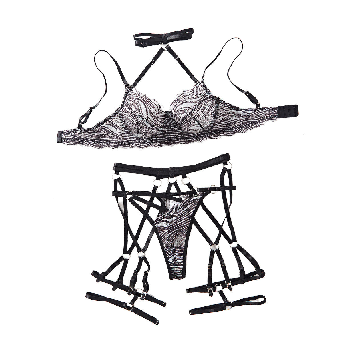 Zebra mesh hollow neck sexy lingerie set for women