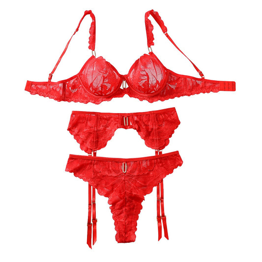 French lace bra set steel ring gathering sexy lingerie three piece set
