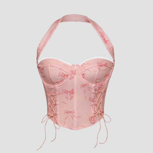 Sexy Print Bone Chest Top with Strapless Halter Neckline and Bandage Design