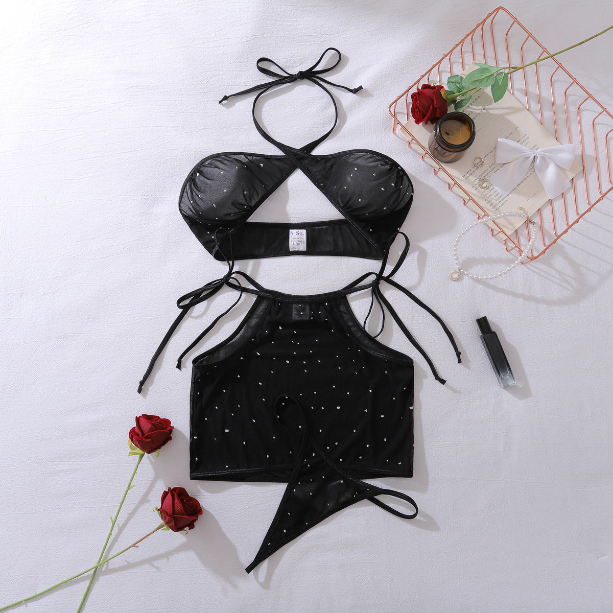Starlight perspective cross hanging neck tie three-point sexy lingerie split set