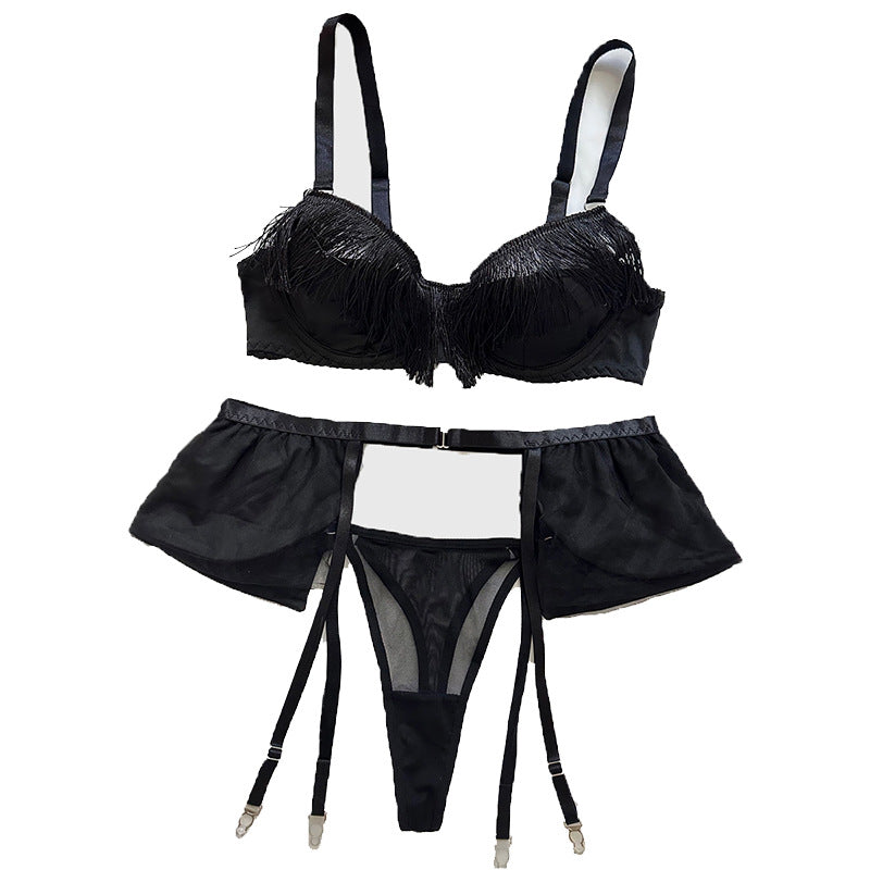 Tassel bra set with mesh and erotic lingerie three piece set for women