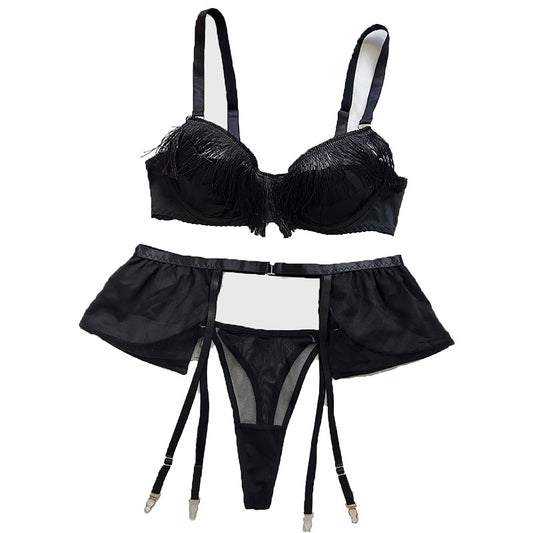 Tassel bra set with mesh and erotic lingerie three piece set for women