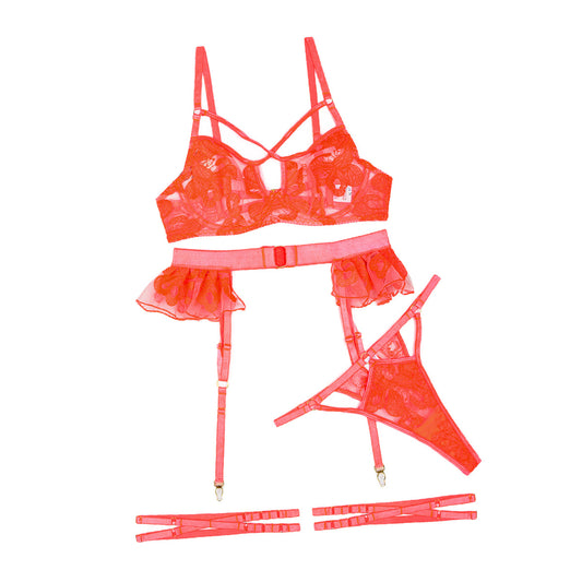 Flower Embroidered Lotus Leaf Edge Skirt Sexy Perspective Underwear Four Piece Set for Women