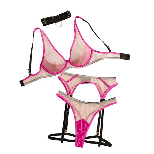 Sexy outfit with see through mesh low cut and sexy lingerie garter belt for women