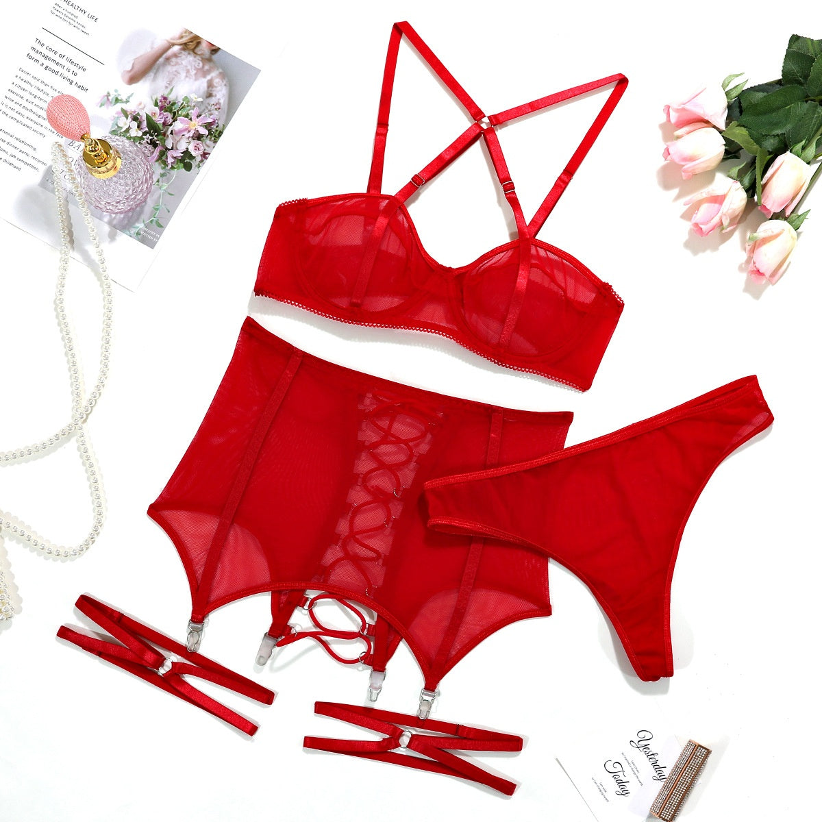 Sexy Lingerie Set for Women - Sheer Mesh Transparent Cross-Tied Hollow Out Push-Up Bra and Panty Three-Piece Suit