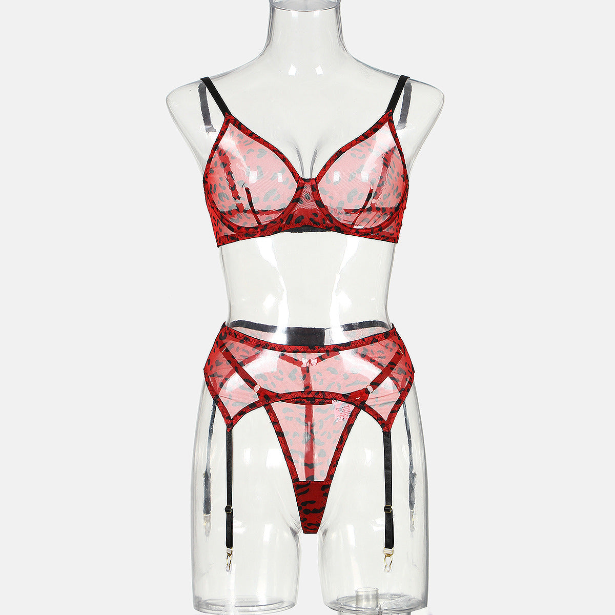 Leopard print mesh sexy lingerie gloves garter belt set