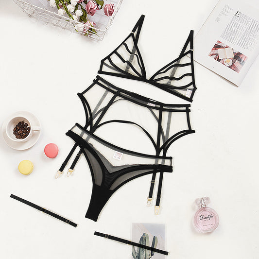 Summer New Triangle Cup Sexy Underwear Set Sexy Perspective Mesh Splicing Four Piece Set