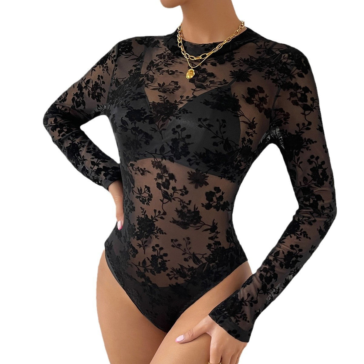 Lace Mesh Flocking Printed Sheer Sexy Slim Fit Elegant Long Sleeve Jumpsuit