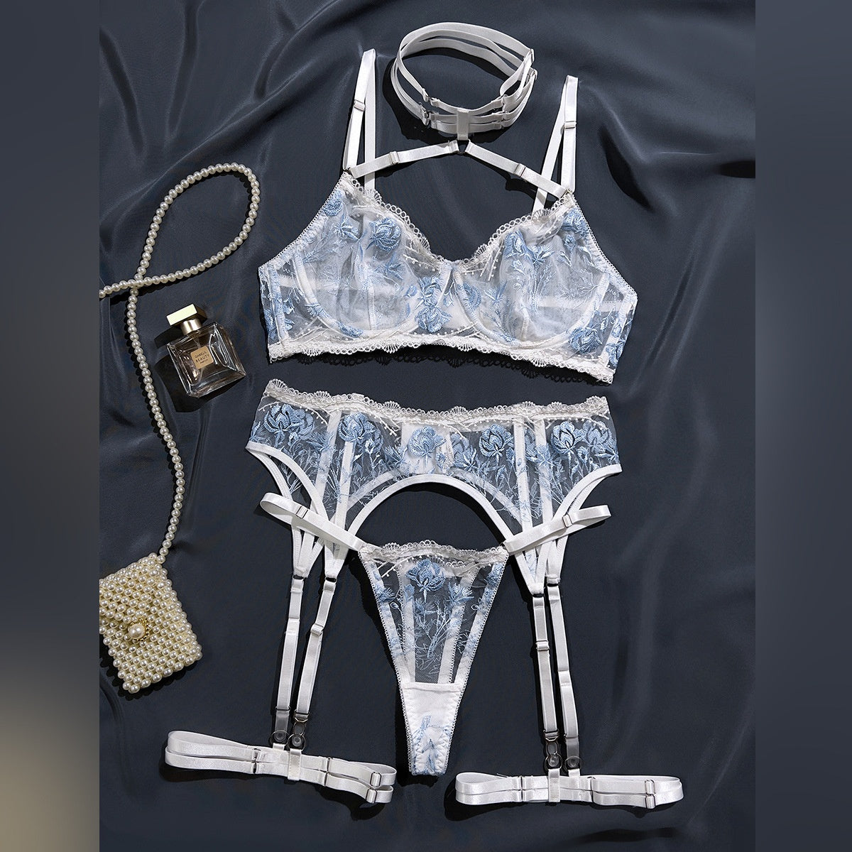 White and Blue Embroidered Steel Ring Breathable Adjustable Halter Comfortable Women's Sexy Lingerie Set