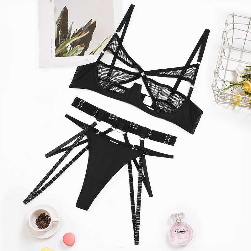 Mesh splicing mesh fabric hollow steel ring gathering sexy lingerie three piece set
