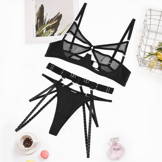 Mesh splicing mesh fabric hollow steel ring gathering sexy lingerie three piece set