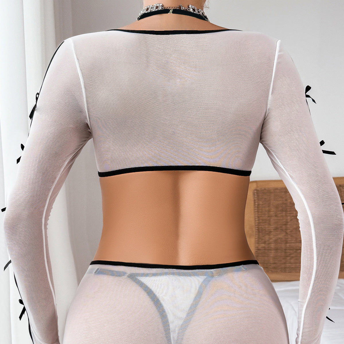 Bow tie tied long sleeved neck hanging underwear see through short skirt fun three piece set