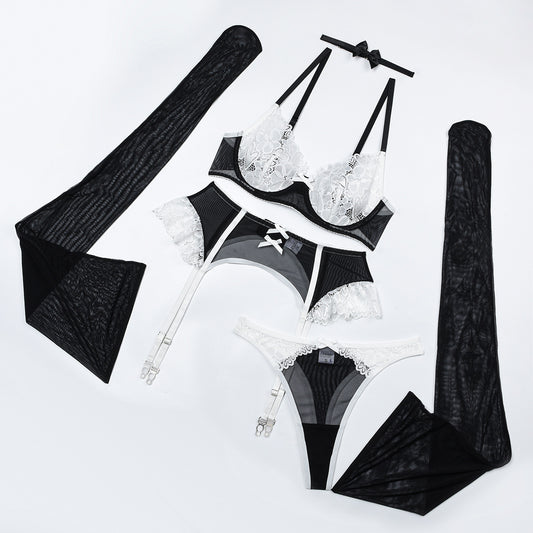 Lace mesh splicing contrasting color lingerie five piece set
