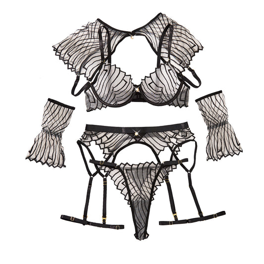 Embroidered shawl garter belt sexy lingerie six piece set