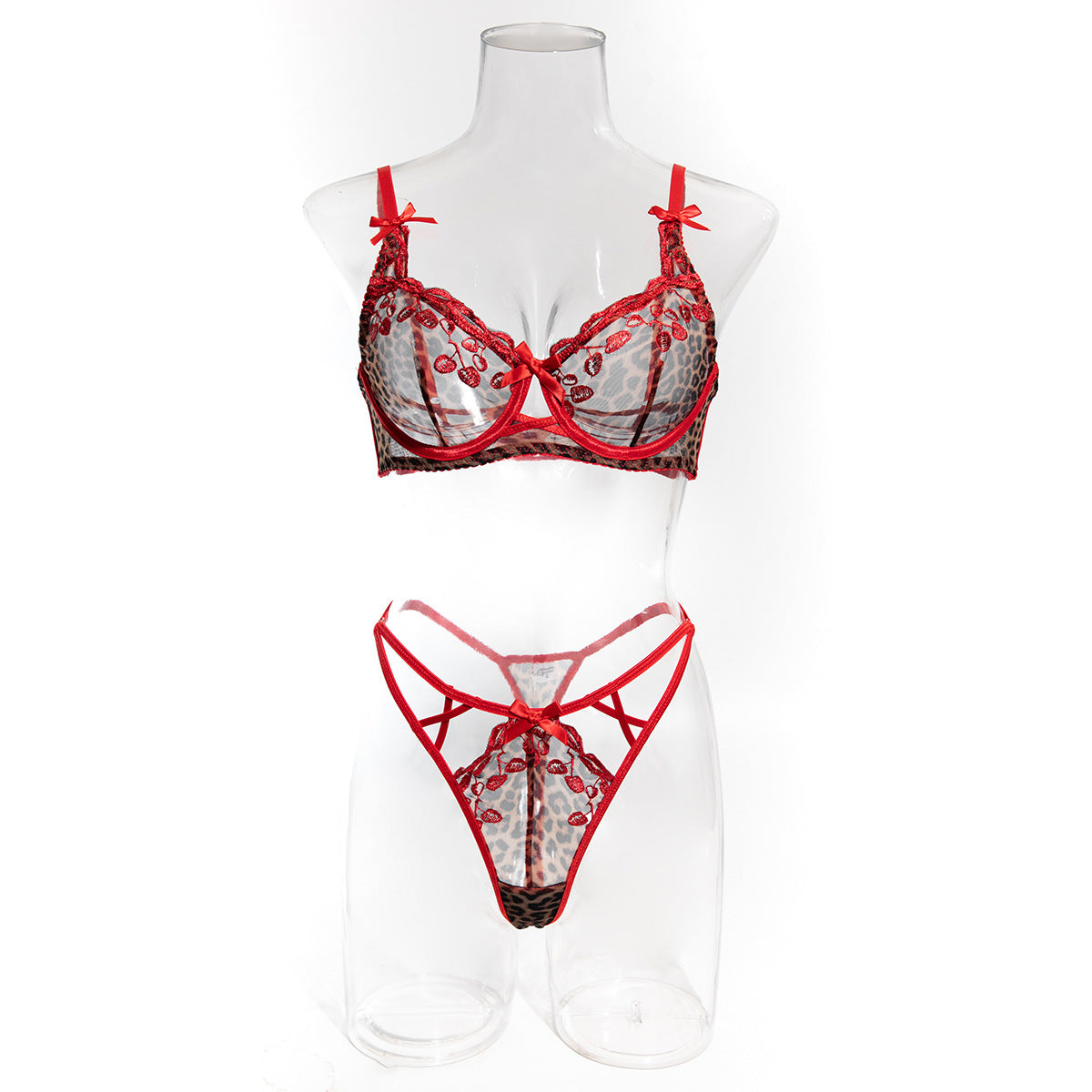 Sexy Leopard Print Red Embroidered Cherry Thin Push-Up Bow Bra Women's Two-Piece Set