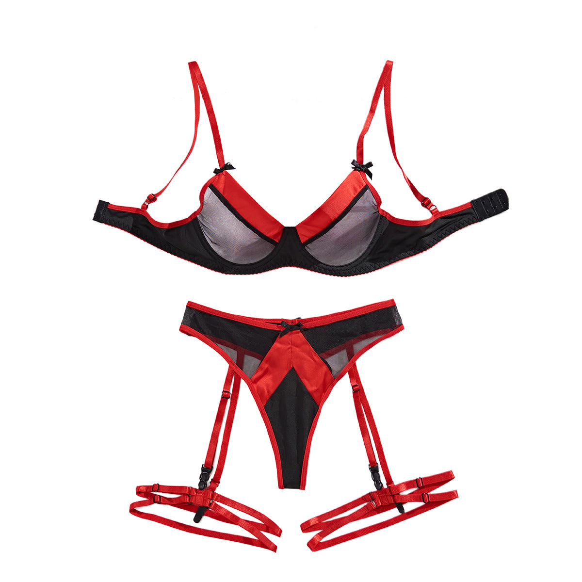 Sexy Set with Mesh Mesh Splicing Bow Sexy Underwear Three Piece Set for Women