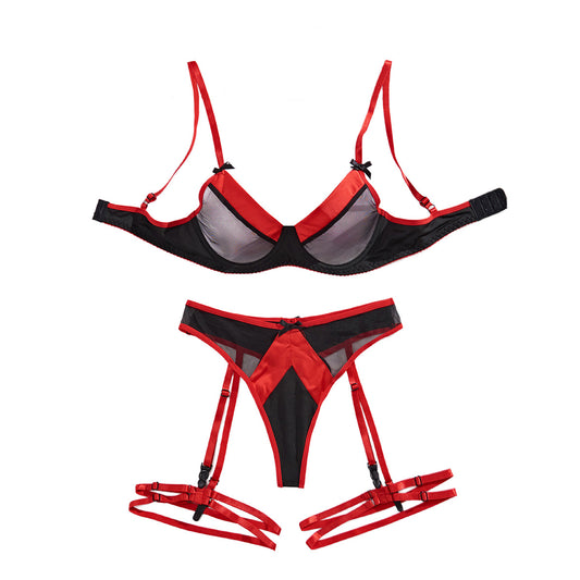 Sexy Set with Mesh Mesh Splicing Bow Sexy Underwear Three Piece Set for Women
