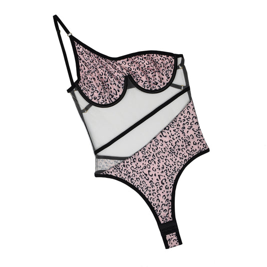 Leopard print mesh spliced with transparent mesh for body shaping and fun jumpsuit