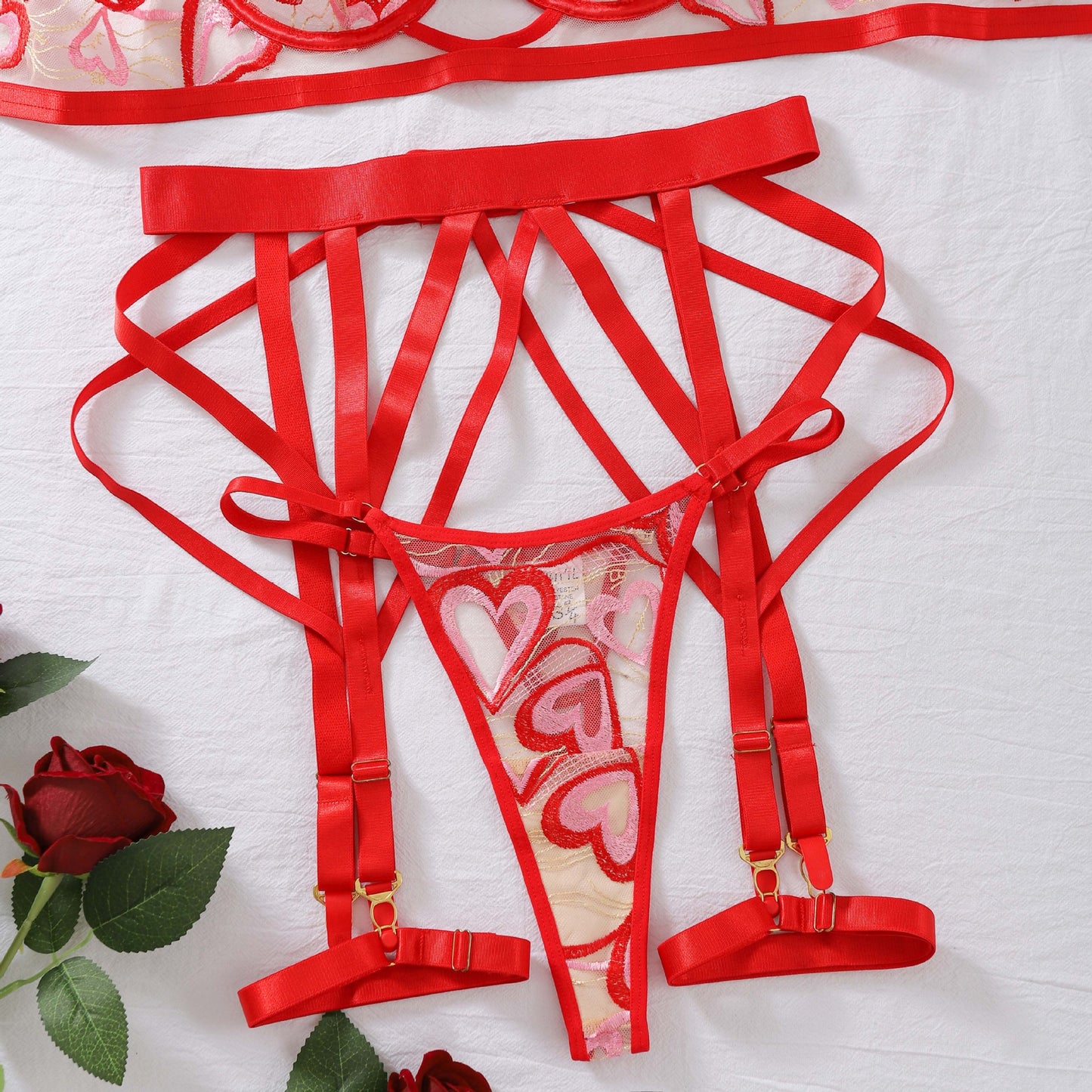 Red Love Embroidered Strap Bra Set Perspective Mesh Mesh Sexy Underwear 4-piece Set