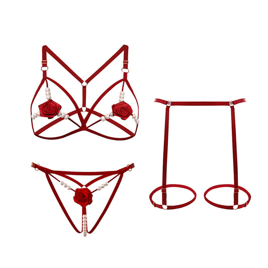 Sexy interior clothing rose bead three-point set for women