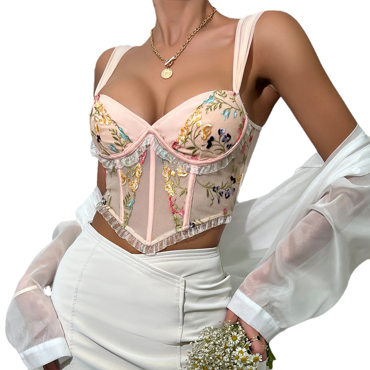 Summer Cross-border  Style Embroidered Lace Ruffled Sexy V-neck Wide Strap Boned Bra