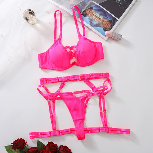 Sexy lingerie bra thong set with straps see through sexy three piece set for women
