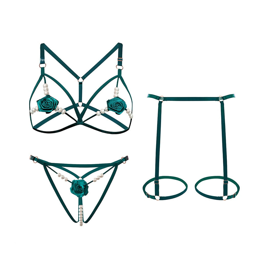 Sexy interior clothing rose bead three-point set for women