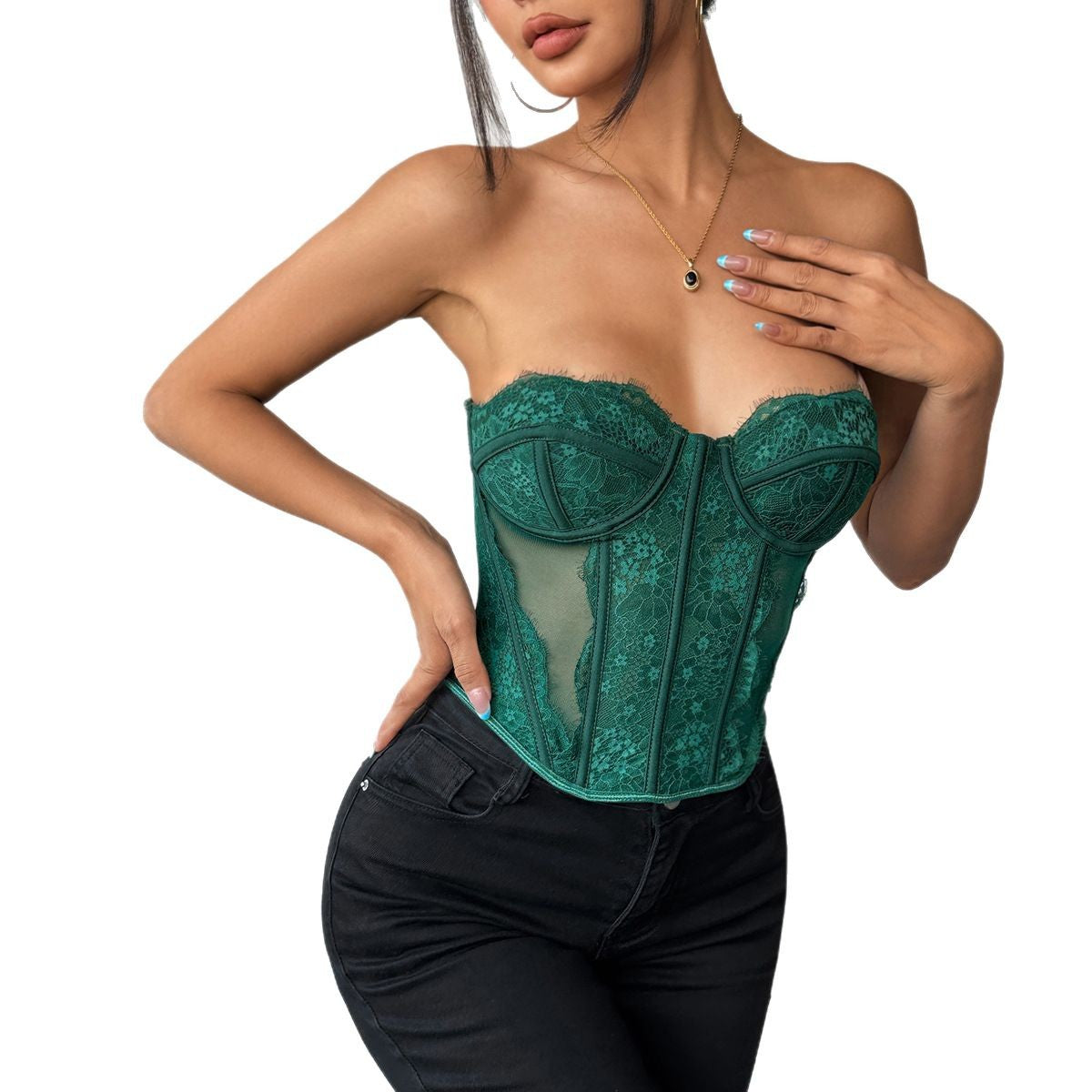 Sexy Women's Spring and Summer Pure Temptation Lace Boned Button Waist Shaping Wrap Chest Backless Top