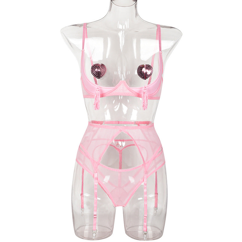 Bare chest with nipple patch sexy perspective mesh peach hip four piece set for women
