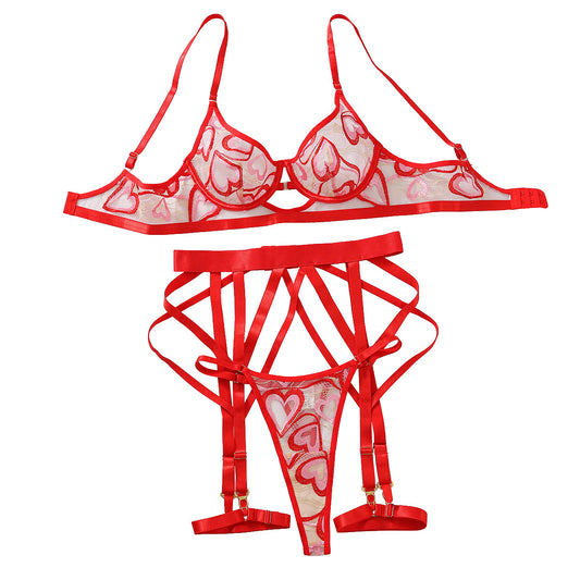 Red Love Embroidered Strap Bra Set Perspective Mesh Mesh Sexy Underwear 4-piece Set