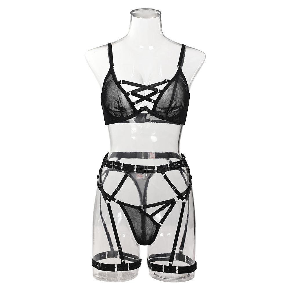 Sexy lingerie bra thong set with straps see through sexy three piece set for women
