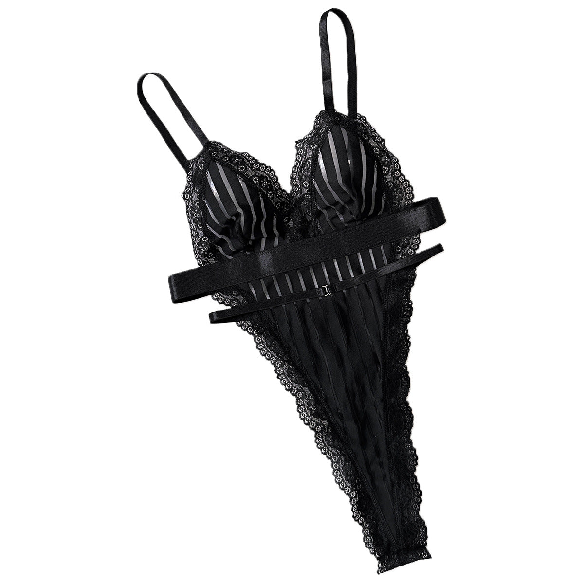 Pajama striped see through mesh spliced with lace and lace romantic jumpsuit