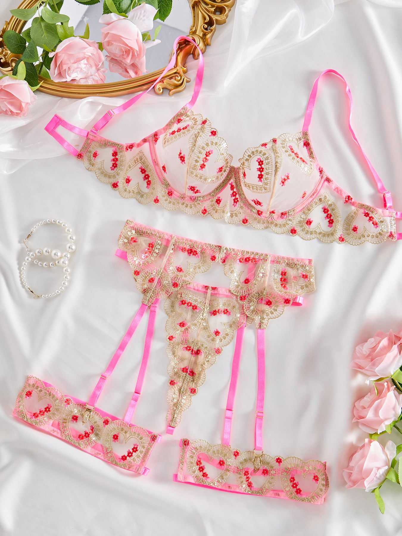 Sexy lingerie playful contrasting embroidery perspective fun garter belt leg ring four piece set