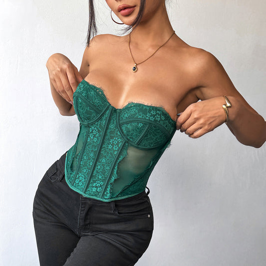Sexy Women's Spring and Summer Pure Temptation Lace Boned Button Waist Shaping Wrap Chest Backless Top