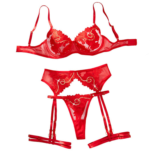 Sparkling female sexy perspective sheer floral embroidery breathable ultra-thin underwear four piece set