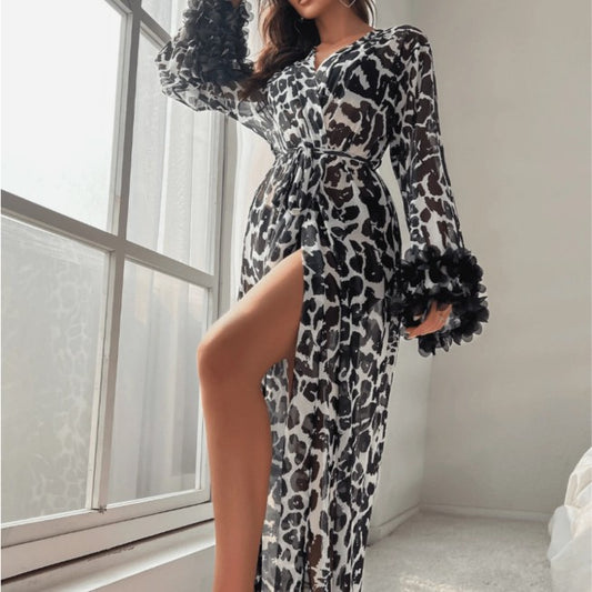 Sexy Printed Long Robe with Slit Casual Loungewear Leopard Print Sleepwear Erotic Set