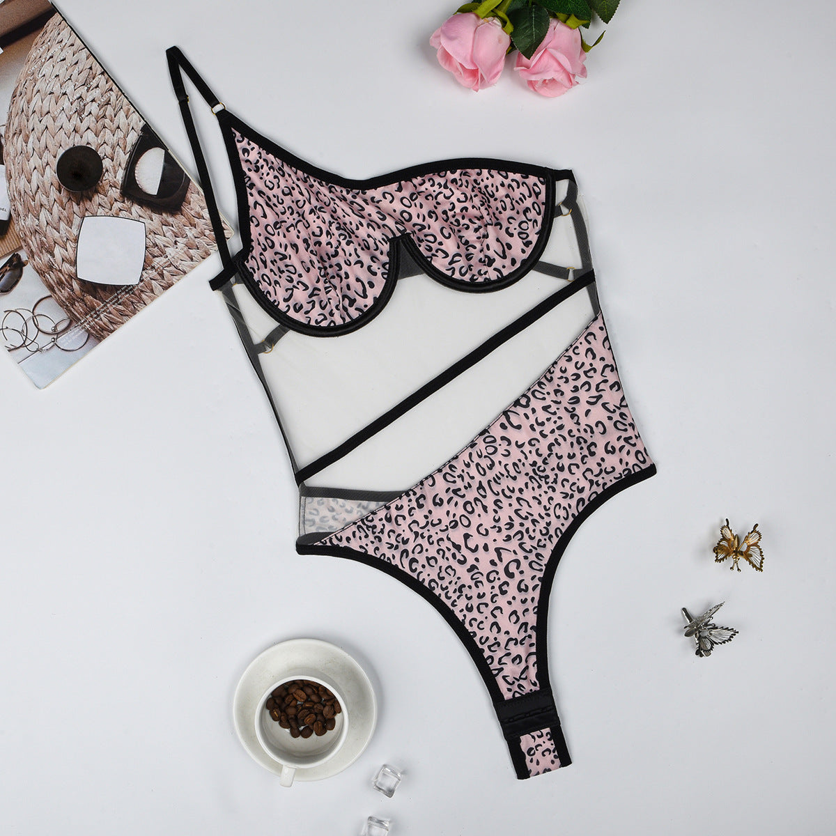 Leopard print mesh spliced with transparent mesh for body shaping and fun jumpsuit